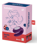 Satisfyer Double Joy Partner Vibrator packaging featuring a purple design and app compatibility.