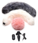 Vibrating Silicone Anal Plug with 3 Interchangeable Tails including tails, plug, remote, and charging cable.