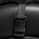 Close-up of a black buckle strap on leather material, showcasing durability and secure fastening.