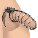 Master Series Stainless Steel Spiked Chastity Cage on a model, showcasing its secure locking system and internal spikes.