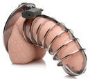 Master Series Stainless Steel Spiked Chastity Cage on replica model demonstrating intricate design and secure locking features.