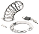 Master Series Stainless Steel Spiked Chastity Cage with locking mechanism and keys for secure use.