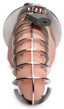 Master Series Stainless Steel Spiked Chastity Cage featuring internal spikes and secure locking system.