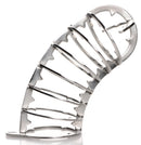 Master Series Stainless Steel Spiked Chastity Cage angled view showcasing the secure locking system and internal spikes