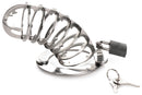 Master Series Stainless Steel Spiked Chastity Cage with padlock and keys, designed for secure long-term denial play.