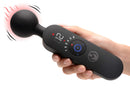 Master Series 72X Silicone Heating Wand Massager Black in a hand, displaying heated round head and control panel.