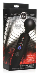 Master Series 72X Silicone Heating Wand Massager Black packaging with digital control panel and features highlighted.