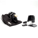 CB6000S Black Chastity Cock Cage Kit featuring a black chastity cage, lock, keys, and accessories for enhanced security.