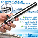 CleanStream Enema Nozzle with Quick Shut Off Valve featuring stainless steel and easy-push valve for controlled water flow.