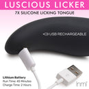 Inmi Luscious Licker 7X Silicone Licking Tongue Vibrator with USB recharge option and battery details.