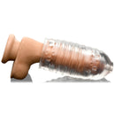 LoveBotz Milker Masturbator Accessory Clear Stroker Sleeve showcasing its stretchy TPE design and ribbed tunnel.