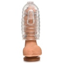 LoveBotz Milker Masturbator Accessory Clear Stroker Sleeve showcasing its clear TPE texture and ribbed tunnel design.