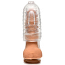LoveBotz Milker Masturbator with Ball Strap Clear showcasing a stretchy TPE stroker with ribbed design.