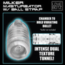 LoveBotz Milker Masturbator with Ball Strap Clear showcasing its dual texture tunnel and bullet chamber.