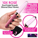 10X Rosé Dual Ended Smooth Silicone and Glass Vibrator held in hand, featuring dual textures and waterproof design.