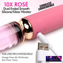 10X Rosé Dual Ended Smooth Silicone and Glass Vibrator showcasing USB recharge feature and stylish design.