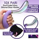 10X Pari Dual Ended Wavy Silicone and Glass Vibrator shows purple silicone handle and smooth glass end for varied sensations.