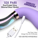 10X Pari Dual Ended Wavy Silicone and Glass Vibrator showcasing its design and USB charging feature.