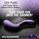 10X Pari Dual Ended Wavy Silicone and Glass Vibrator on water surface, showcasing its waterproof design.