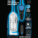LoveBotz 19X Mini Handheld Milker Masturbator with remote, showcasing suction and vibration features.