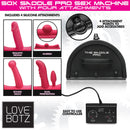 LoveBotz 50X Saddle Pro Sex Machine with 4 Attachments showcasing 4 silicone attachments and easy-to-use controller.