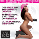 LoveBotz 50X Saddle Pro Sex Machine with 4 Attachments featuring adjustable settings for ultimate pleasure.