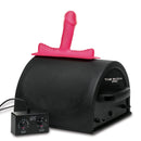 LoveBotz 50X Saddle Pro Sex Machine with 4 Attachments in black with pink attachment on top.