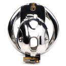 Master Series Entrapment Deluxe Locking Chastity Cage with shiny stainless steel design and secure locking mechanism.