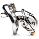 Master Series Entrapment Deluxe Locking Chastity Cage made of stainless steel with interchangeable caps and ball rings.