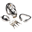 Master Series Entrapment Deluxe Locking Chastity Cage components including keys, cap, and ring.