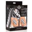Master Series Entrapment Deluxe Locking Chastity Cage packaging featuring stainless steel design and interchangeable caps.