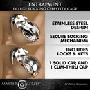 Master Series Entrapment Deluxe Locking Chastity Cage with stainless steel design and secure locking mechanism.