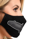 Master Series Mouth-Full Dildo Face Mask Black worn by a model, featuring a silicone dildo gag design.