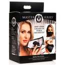 Master Series Mouth-Full Dildo Face Mask Black packaging showcasing discreet gag for public use.