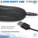 Zeus Electrosex E-Stim Panty Vibe with Remote Control Black showing USB rechargeability and control buttons.