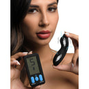 Zeus Electrosex E-Stim Panty Vibe with Remote Control Black held by a model showcasing its features and settings.