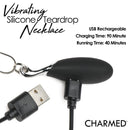 10X Vibrating Silicone Teardrop Necklace with USB charger and charging information displayed.