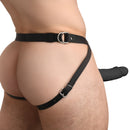 2 Inch Erection Realistic Silicone Penis Sheath Black worn with a harness for enhanced pleasure.