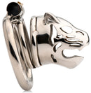 Master Series Caged Cougar Locking Chastity Cage crafted in polished stainless steel with a cougar head design.