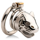 Master Series Caged Cougar Locking Chastity Cage crafted from polished stainless steel, sculpted as a cougar head.