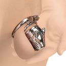Master Series Caged Cougar Locking Chastity Cage shown on a hand, highlighting the unique cougar head design.