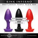 Master Series Kink Inferno Butt Plug Drip Candles in purple, black, and red for sensual play.