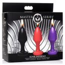 Master Series Kink Inferno Butt Plug Drip Candles in black, purple, and red with flames on each.