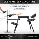 Master Series Dicktator 2.0 Extreme Sex Machine mounted on Extreme Sex Bench with controls and realistic detail.