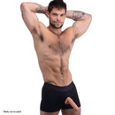 Strap U Armor Mens Boxer Harness with O-Ring LXL Black on model, showcasing comfort and functionality for intimate play.