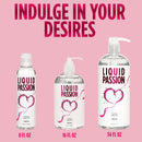 Liquid Passion Natural Water Based Lubricant 16 Oz alongside 8 Oz and 34 Oz options on pink background.