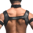 Master Series Full Pup Arsenal Puppy Play Bondage Set Black featuring a leather harness, collar, and leash for pup play.