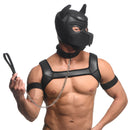 Master Series Full Pup Arsenal Puppy Play Bondage Set Black being modeled by a muscular person wearing a hood and harness.