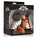 Master Series Full Pup Arsenal Puppy Play Bondage Set Black packaging featuring a puppy hood, harness, collar, and leash.