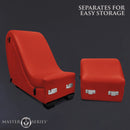 Detachable Kinky Couch Sex Chaise with Love Pillows Red separates for easy storage, featuring two pieces with metal brackets.